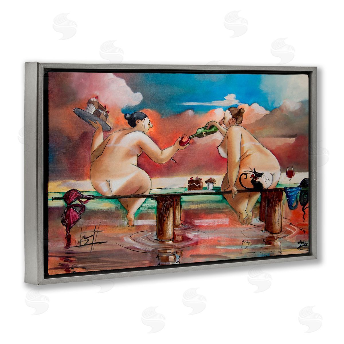 Ronald West Wine & Cake On The Jetty Gray Floating Frame Canvas Wall Art Print