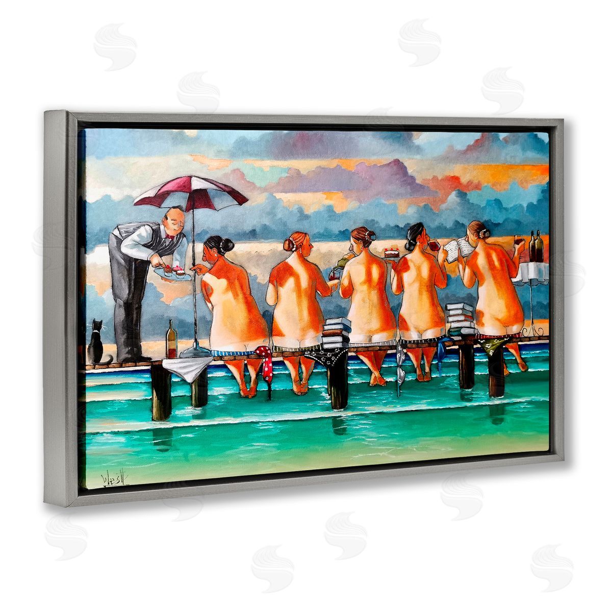 Ronald West The Book Club Beachgoers Gray Floating Frame Canvas Wall Art Print