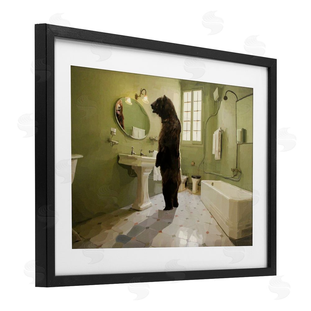 Keith Thomson The Houseguest Bear in Bathroom Black Framed Print Under Glass Wall Art