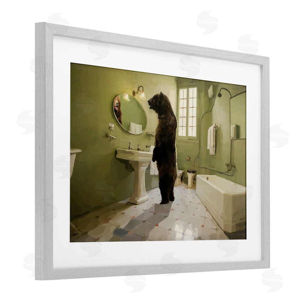 Keith Thomson The Houseguest Bear in Bathroom Gray Framed Print Under Glass Wall Art