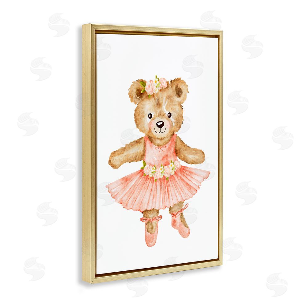 Amy Hall Floral Ballerina Teddy Bear Gold Floating Frame Canvas Wall Art Print