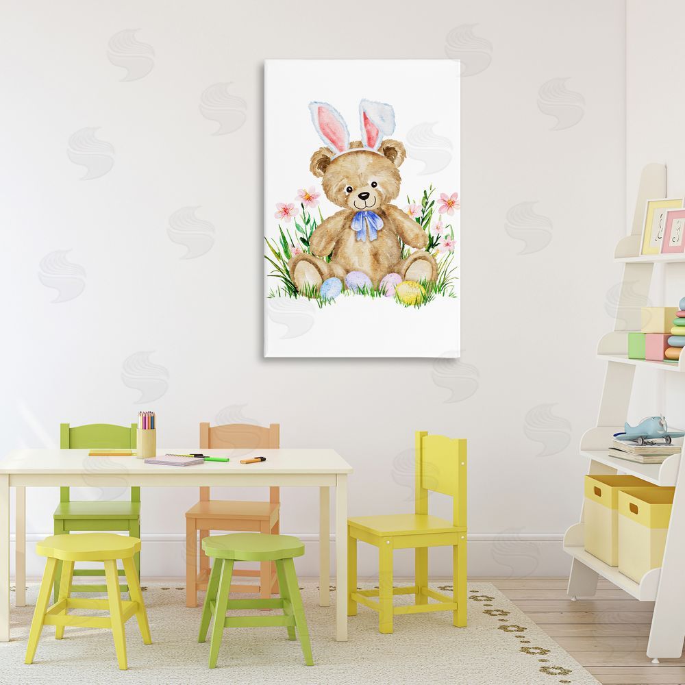 Amy Hall Springy Easter Teddy Bear Stretched Canvas Wall Art Print in Room