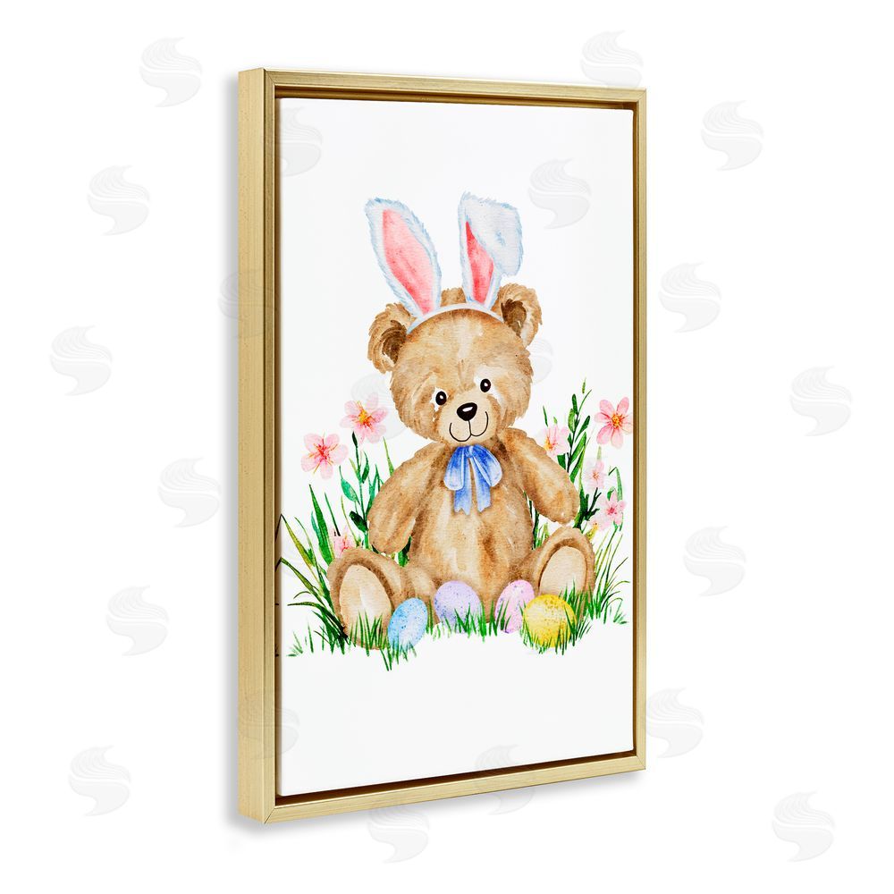 Amy Hall Springy Easter Teddy Bear Gold Floating Frame Canvas Wall Art Print