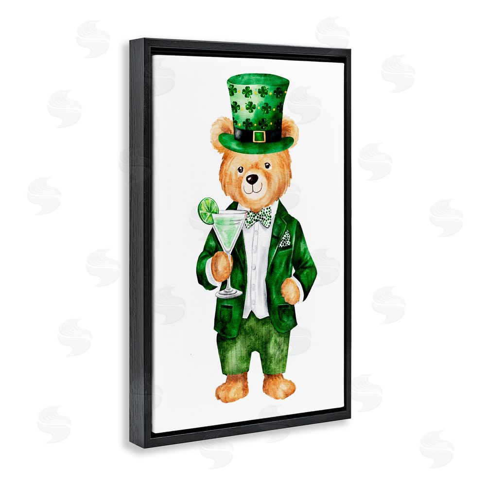 Amy Hall St. Patrick's Day Bear & Cocktail Black Floating Frame Canvas Wall Art Print