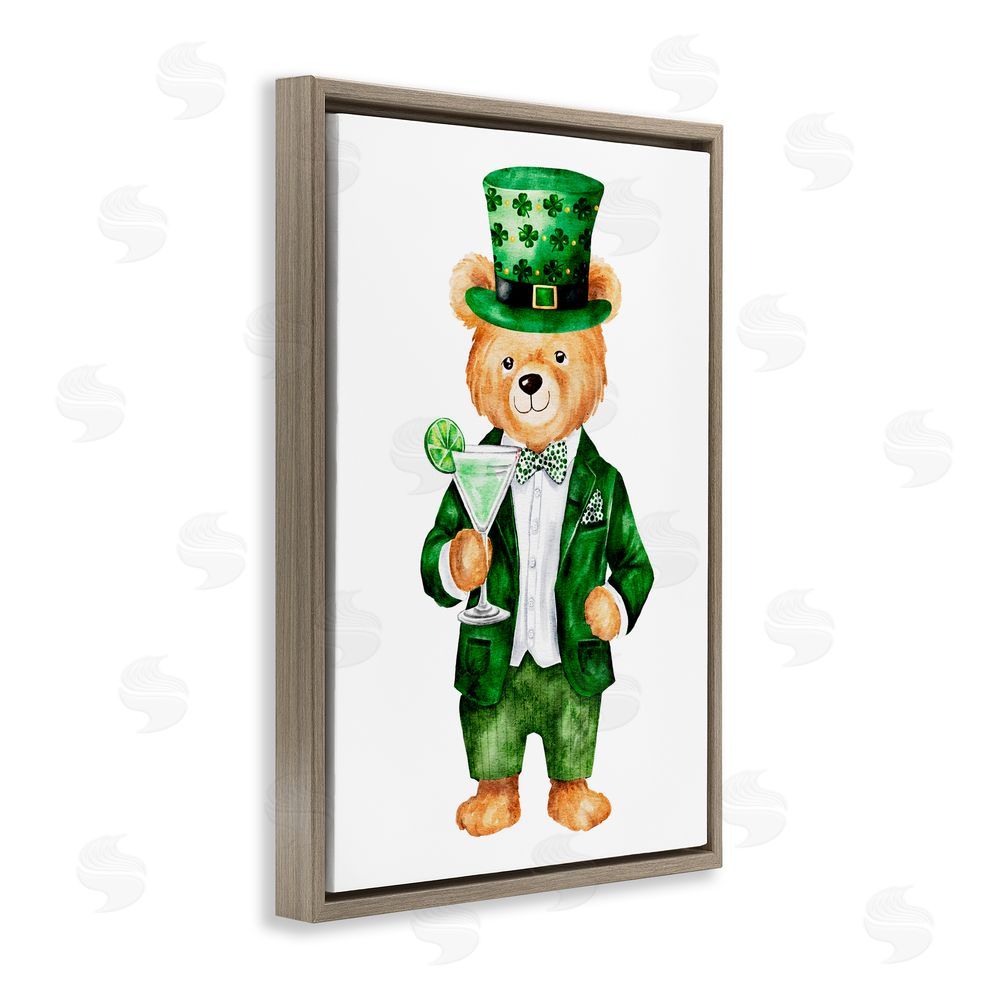 Amy Hall St. Patrick's Day Bear & Cocktail Brown Floating Frame Canvas Wall Art Print