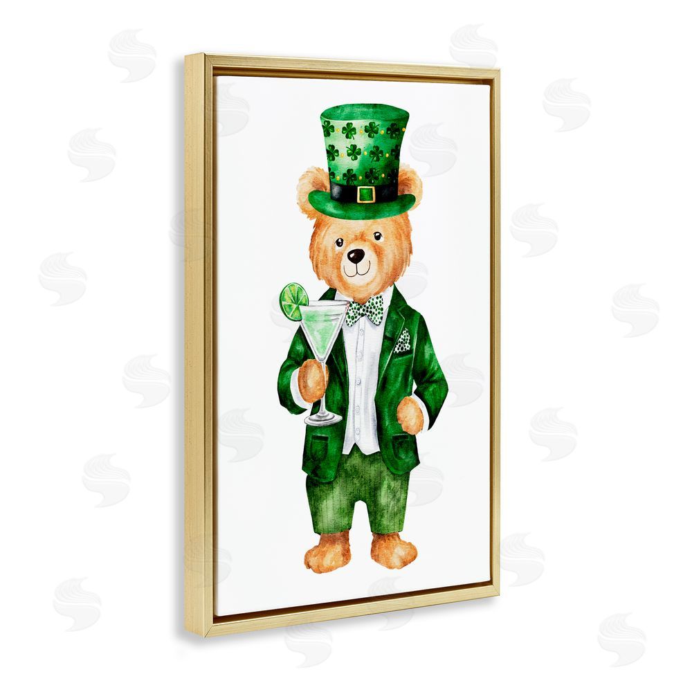Amy Hall St. Patrick's Day Bear & Cocktail Gold Floating Frame Canvas Wall Art Print