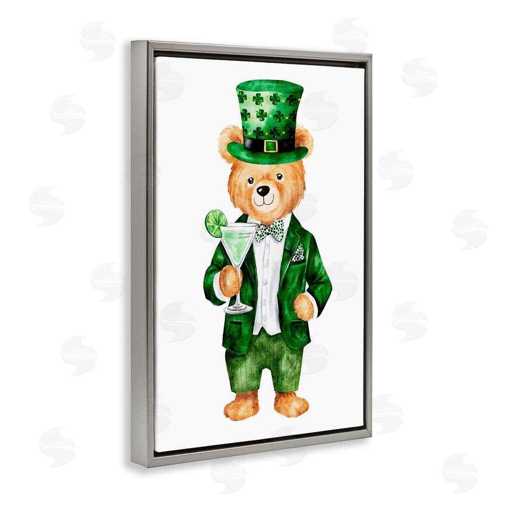 Amy Hall St. Patrick's Day Bear & Cocktail Gray Floating Frame Canvas Wall Art Print