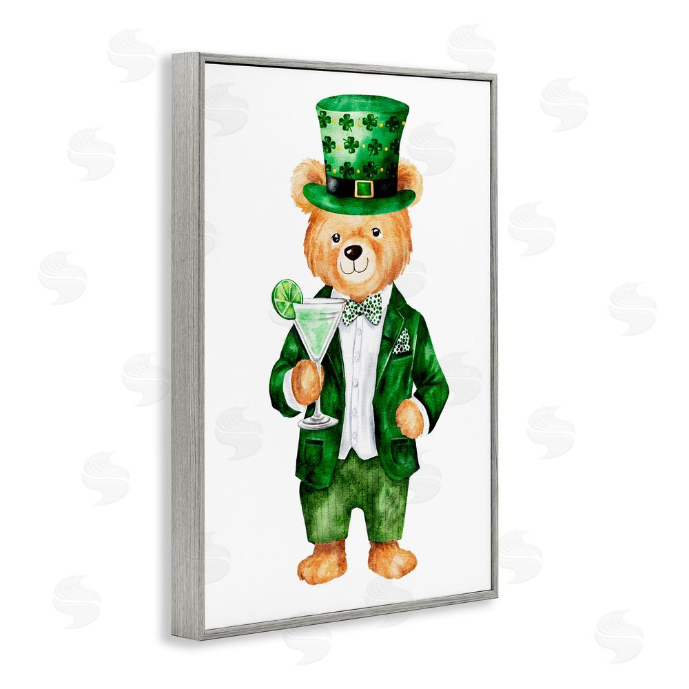 Amy Hall St. Patrick's Day Bear & Cocktail Gray Framed Giclee Wall Art Print