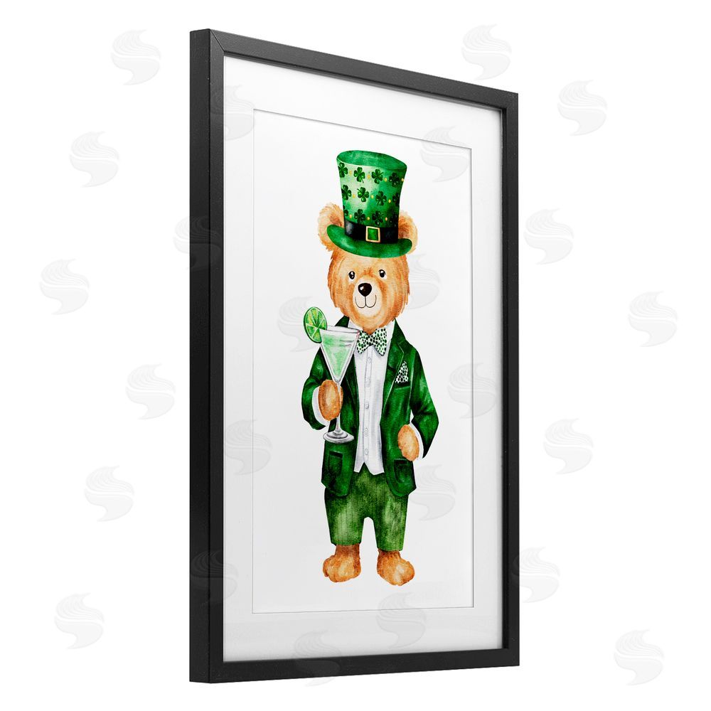 Amy Hall St. Patrick's Day Bear & Cocktail Black Framed Print Under Glass with White Mat Wall Art