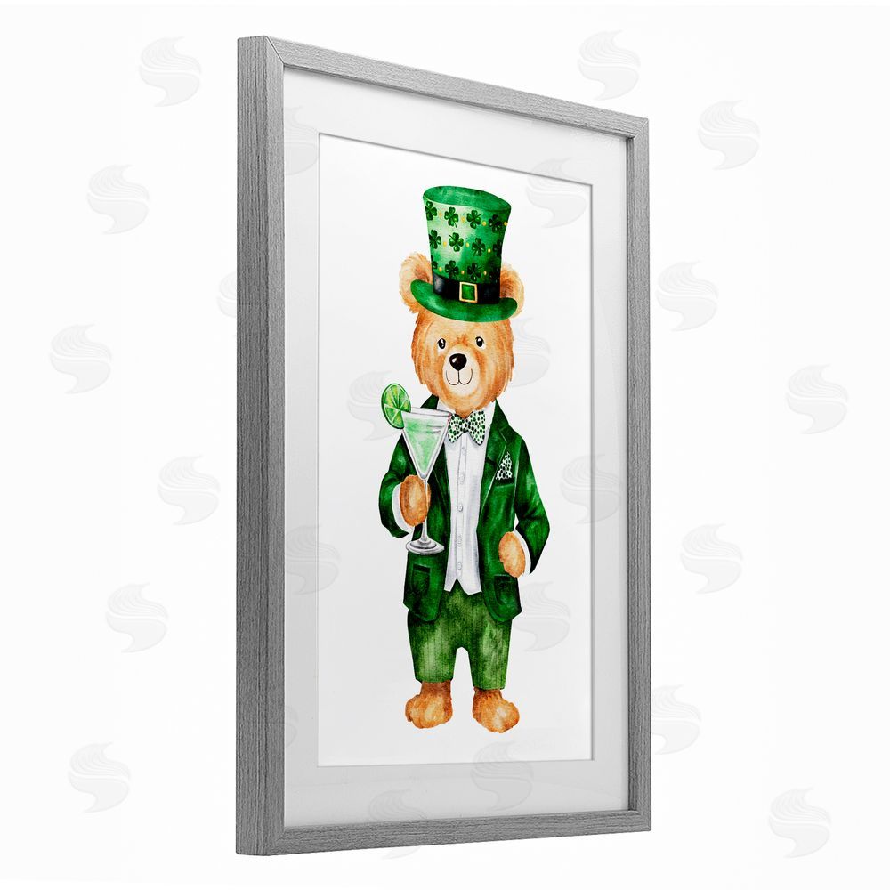Amy Hall St. Patrick's Day Bear & Cocktail Gray Framed Print Under Glass with White Mat Wall Art