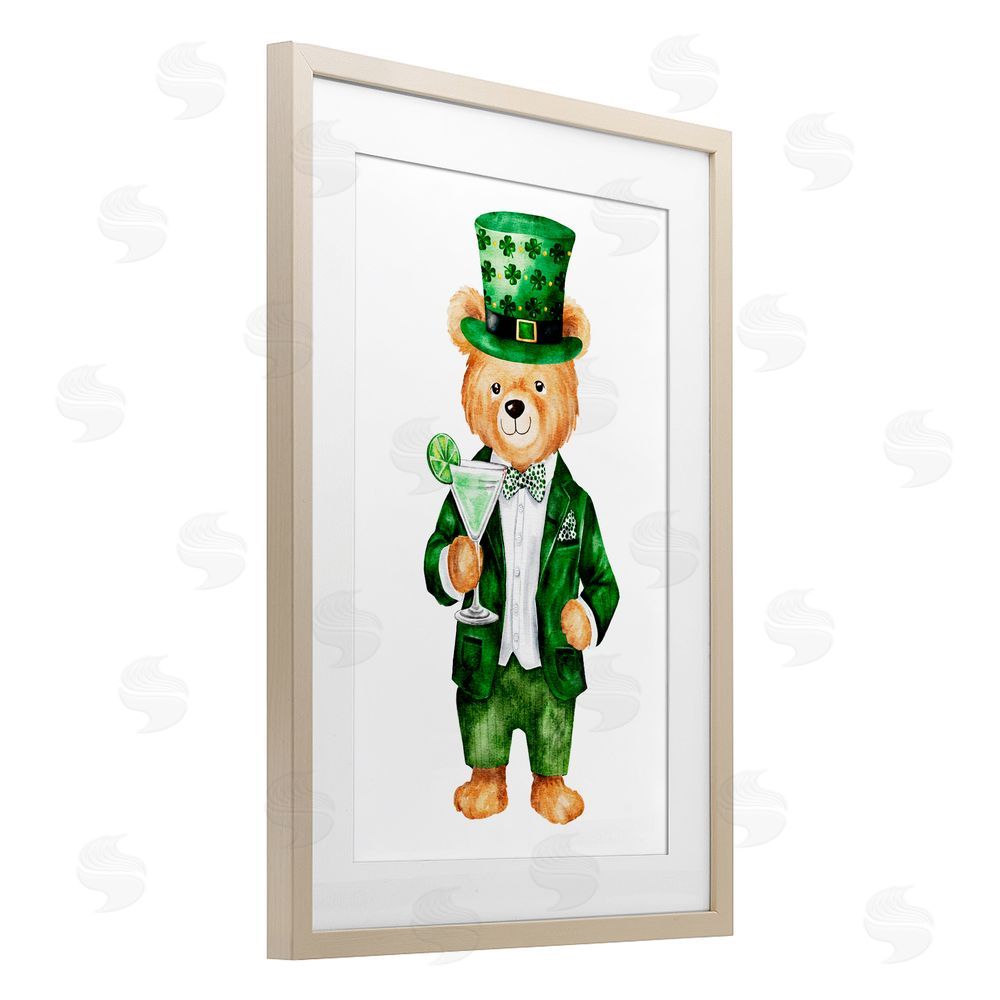 Amy Hall St. Patrick's Day Bear & Cocktail Birch Framed Print Under Glass with White Mat Wall Art