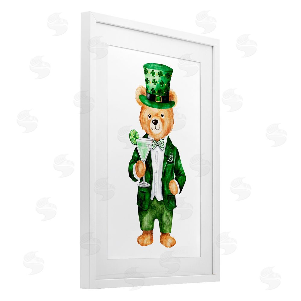 Amy Hall St. Patrick's Day Bear & Cocktail White Framed Print Under Glass with Mat Wall Art