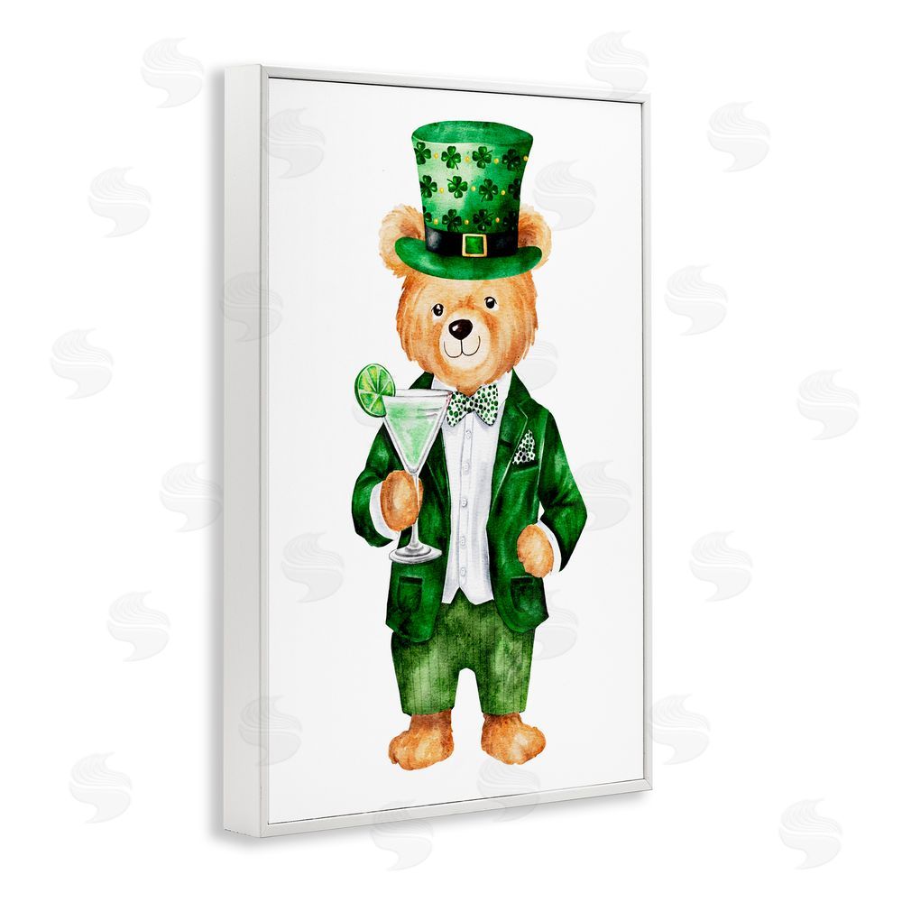 Amy Hall St. Patrick's Day Bear & Cocktail White Framed Giclee Wall Art Print