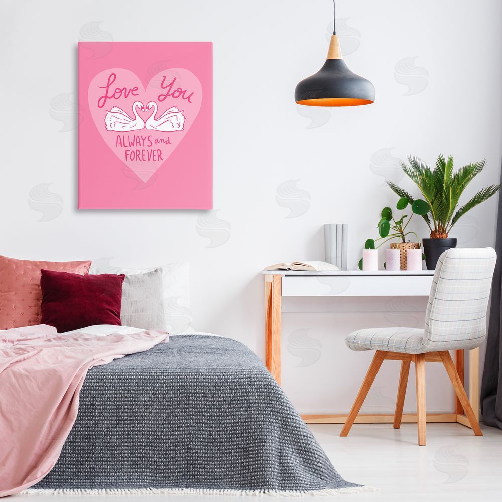 Juliet Meeks Always & Forever Swans Stretched Canvas Wall Art Print in Room