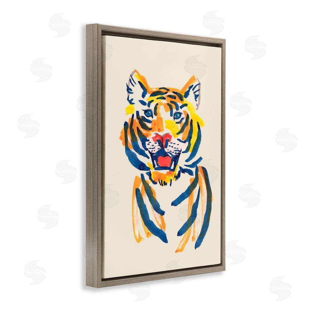 Karolina Sato Tiger Roar Watercolor Brown Floating Frame Canvas Wall Art Print