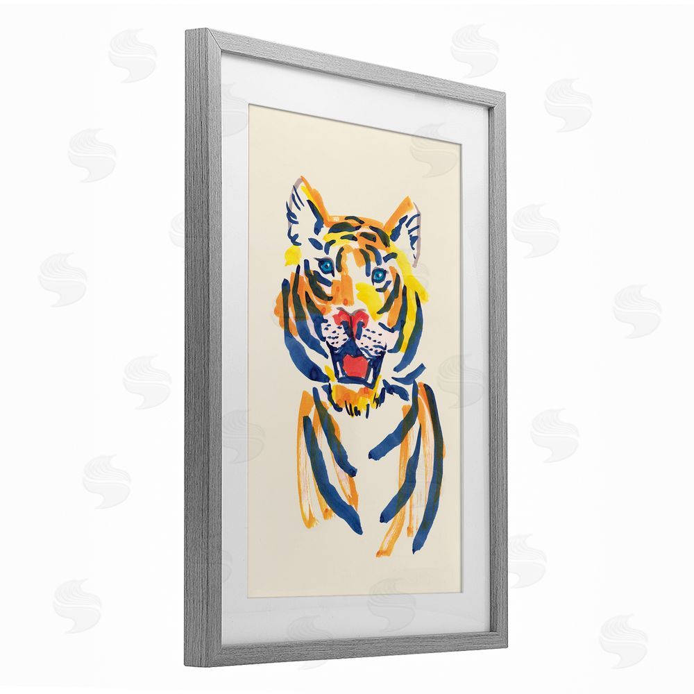 Karolina Sato Tiger Roar Watercolor Gray Framed Print Under Glass Wall Art