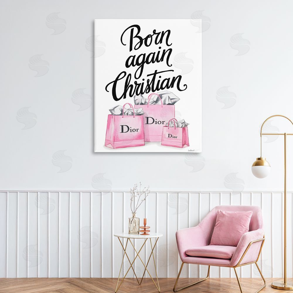 Amanda Greenwood Pink Bags Born Again Christian Stretched Canvas Wall Art Print in Room