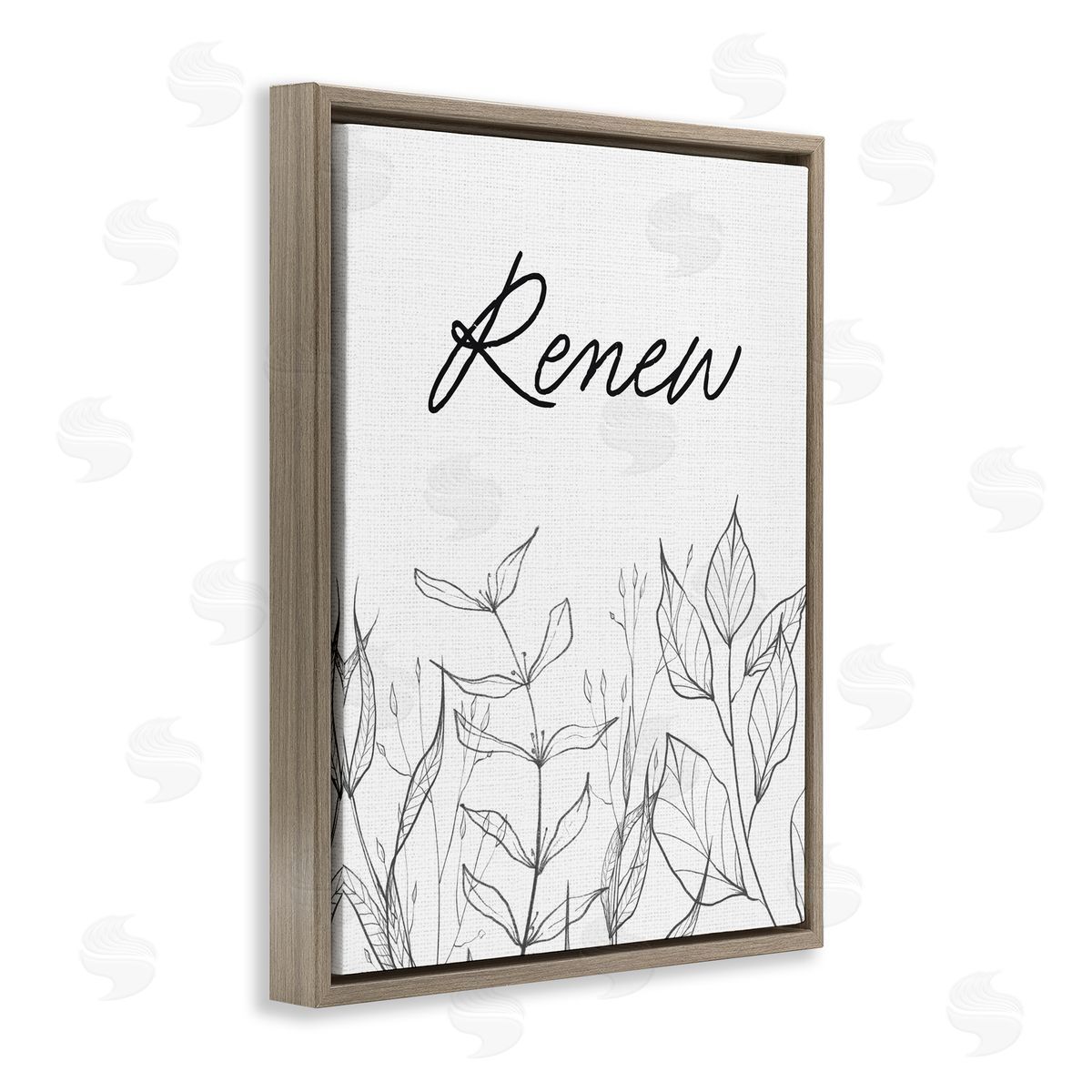 Lettered and Lined Renew with Leaf Outlines Brown Floating Frame Canvas Wall Art Print