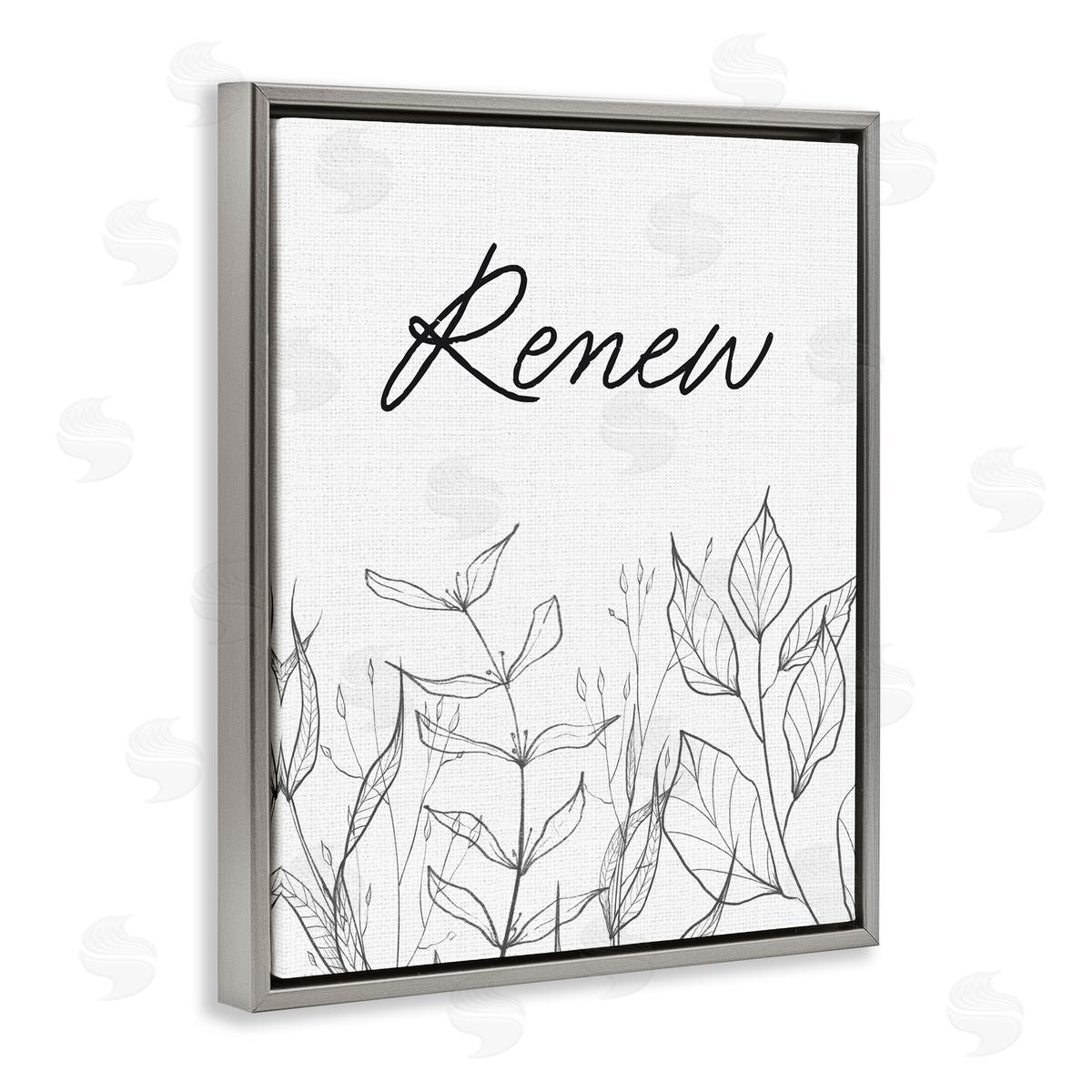 Lettered and Lined Renew with Leaf Outlines Gray Floating Frame Canvas Wall Art Print