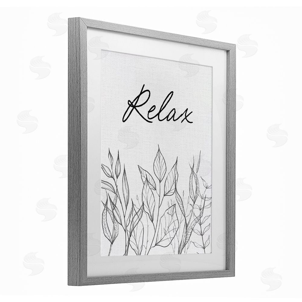 Lettered and Lined Relax with Leaf Outlines Gray Framed Print Under Glass Wall Art
