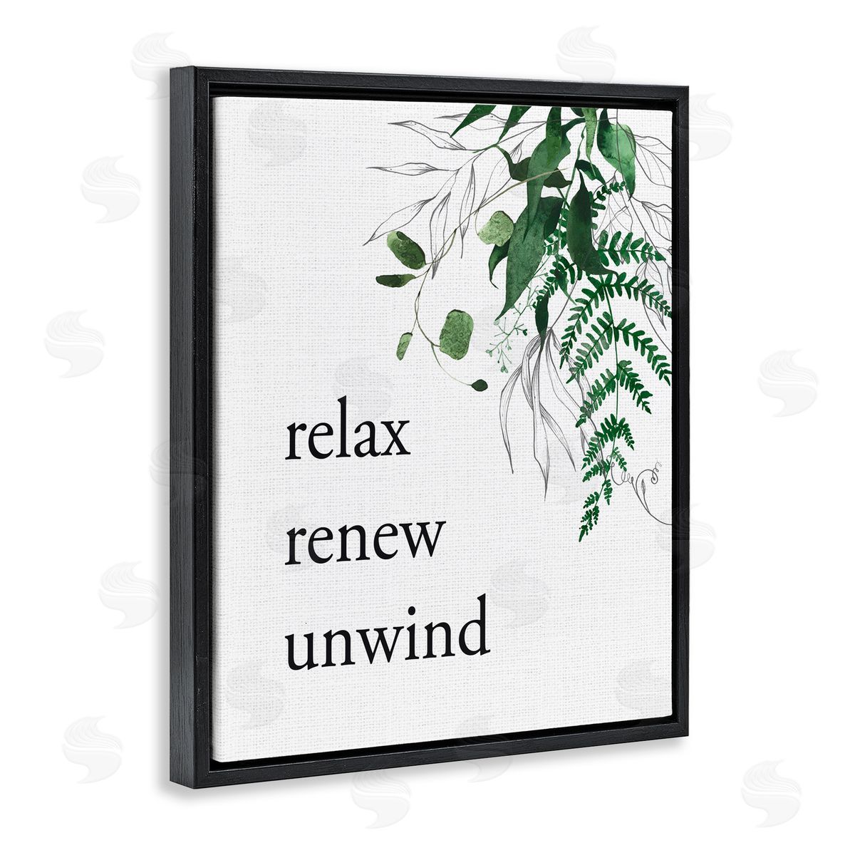 Lettered and Lined Relax Renew Unwind with Foliage Black Floating Frame Canvas Wall Art Print