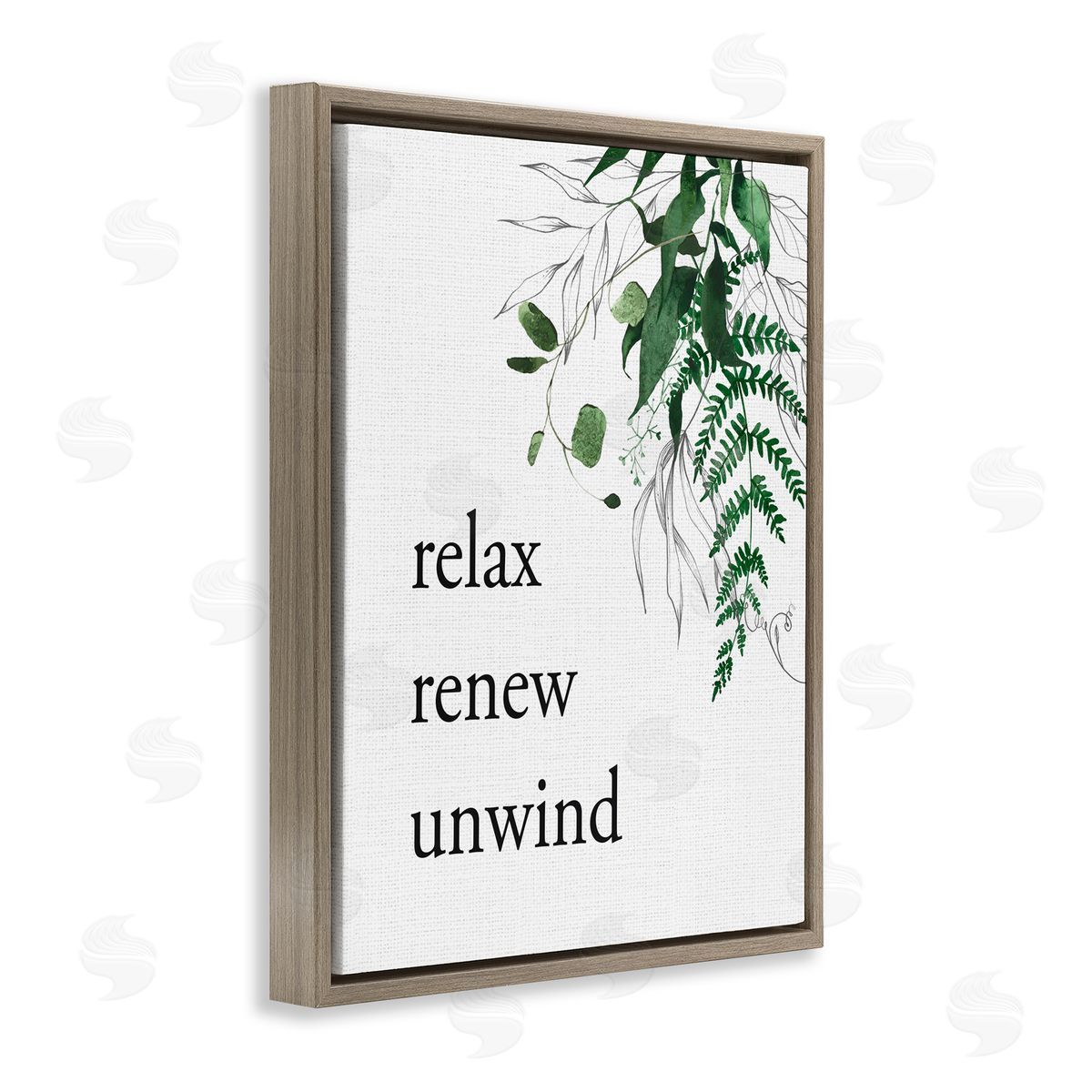 Lettered and Lined Relax Renew Unwind with Foliage Brown Floating Frame Canvas Wall Art Print