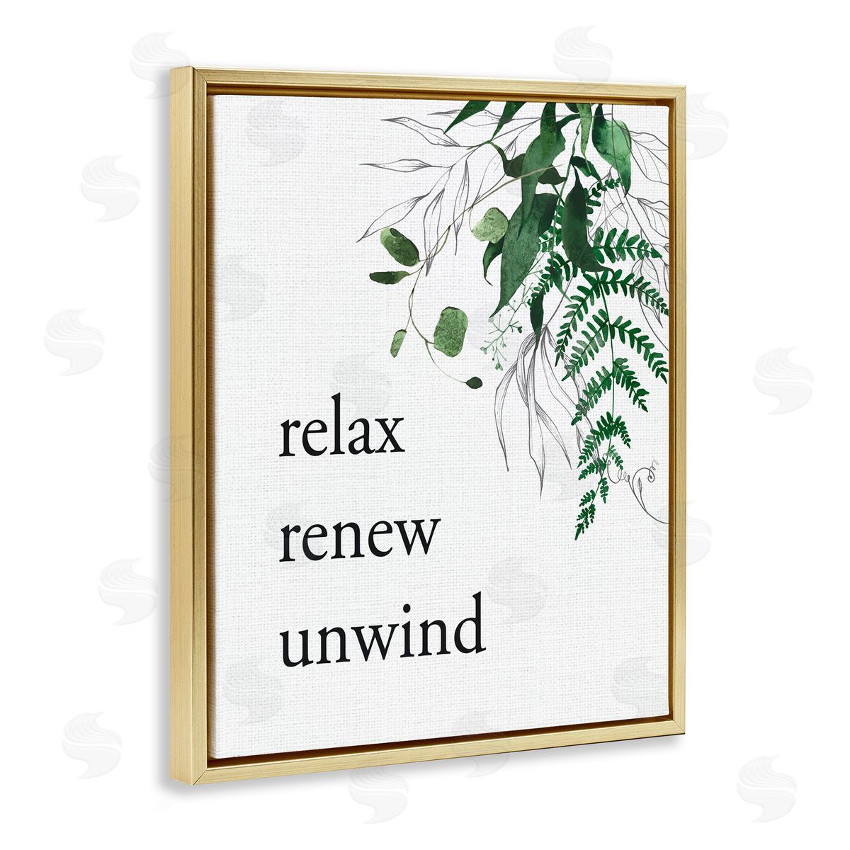Lettered and Lined Relax Renew Unwind with Foliage Gold Floating Frame Canvas Wall Art Print