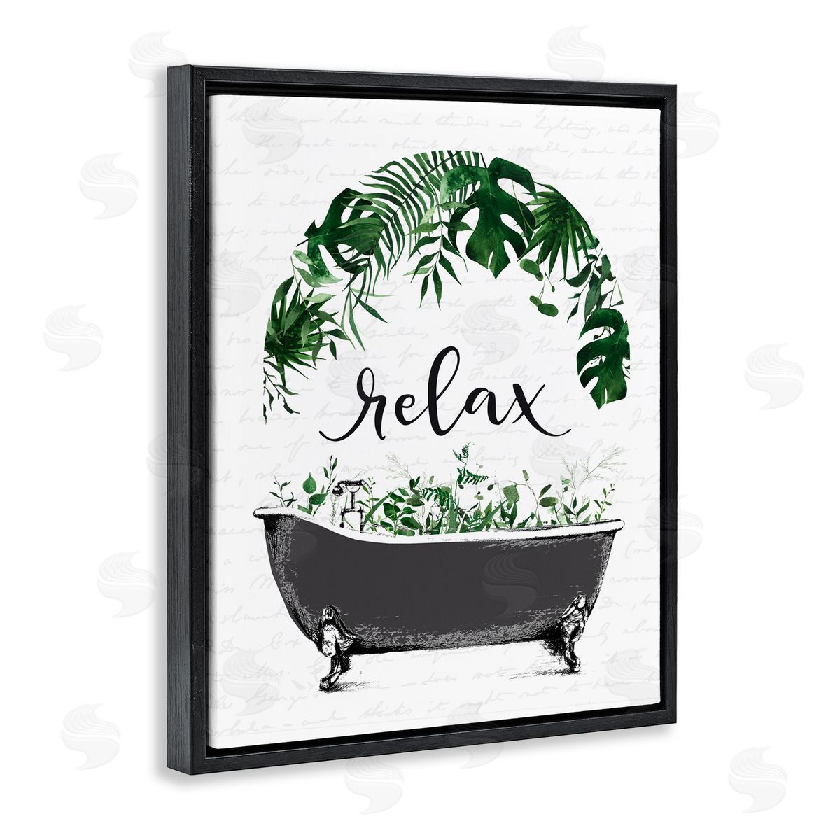 Lettered and Lined Tropical Bath Relax Black Floating Frame Canvas Wall Art Print
