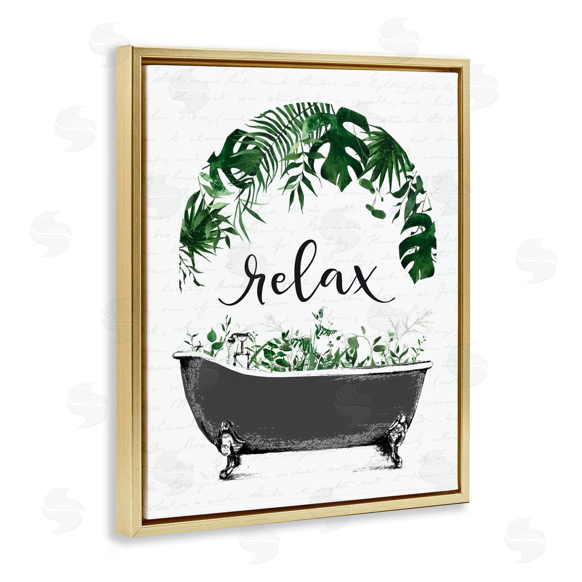 Lettered and Lined Tropical Bath Relax Gold Floating Frame Canvas Wall Art Print