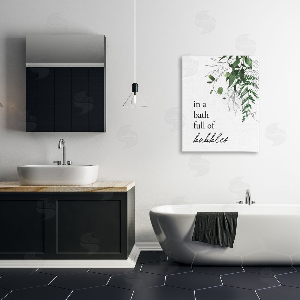 Lettered and Lined Forest Foliage Bubble Bath Stretched Canvas Wall Art Print in Room