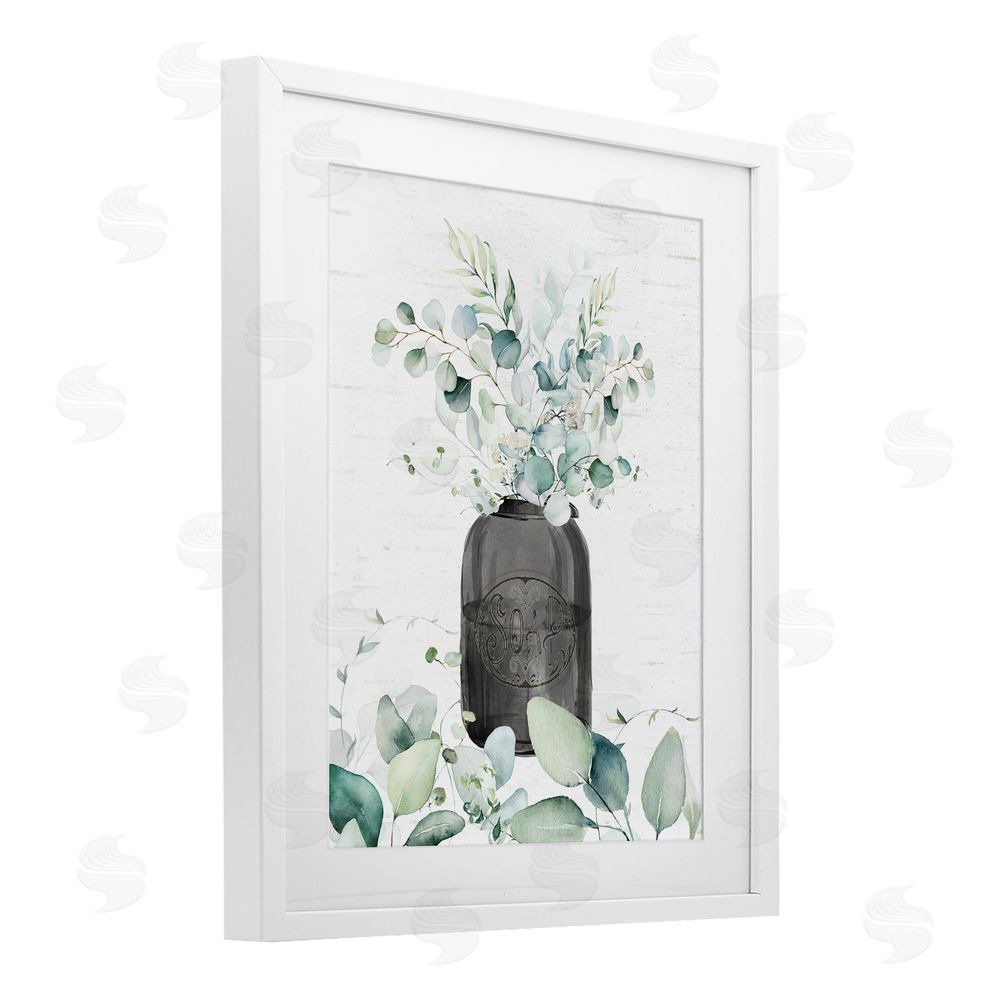 Lettered and Lined Soap Jar & Eucalyptus White Framed Print Under Glass Wall Art