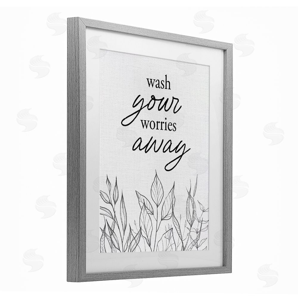 Lettered and Lined Wash Your Worries Away Minimalist Gray Framed Print Under Glass Wall Art