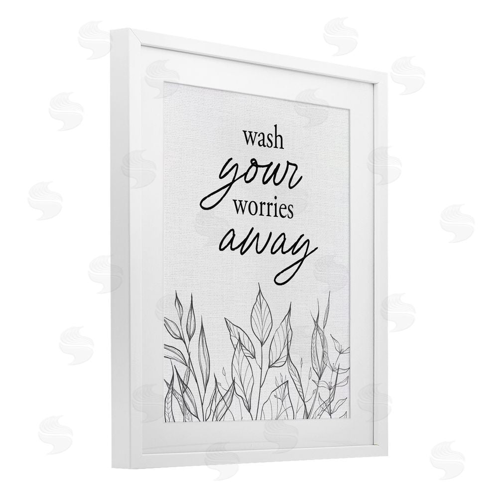 Lettered and Lined Wash Your Worries Away Minimalist White Framed Print Under Glass Wall Art