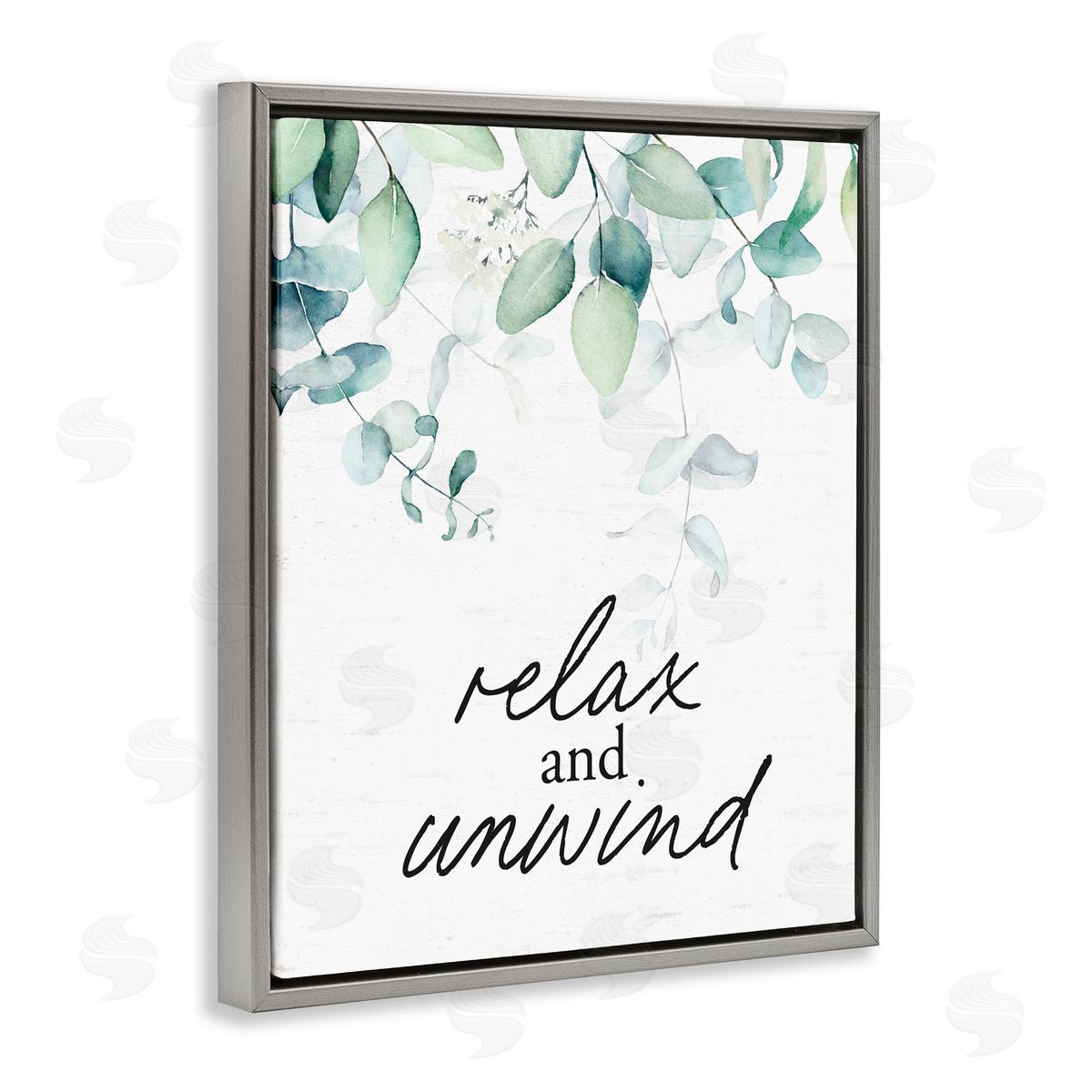 Lettered and Lined Relax And Unwind Herb Leaves Gray Floating Frame Canvas Wall Art Print