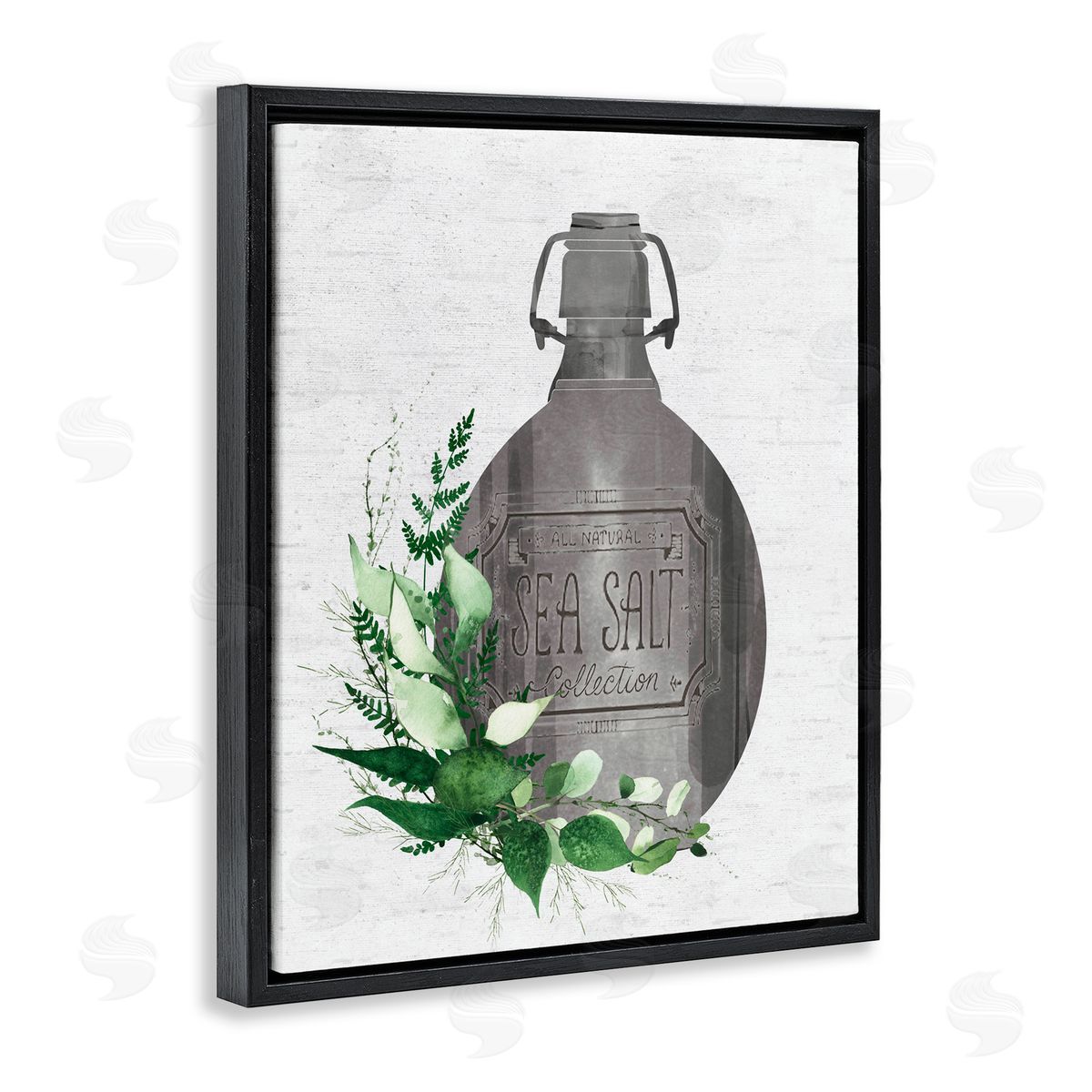 Lettered and Lined Vintage Bottle with Bathroom Herbs Black Floating Frame Canvas Wall Art Print