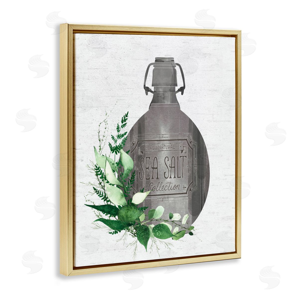 Lettered and Lined Vintage Bottle with Bathroom Herbs Gold Floating Frame Canvas Wall Art Print