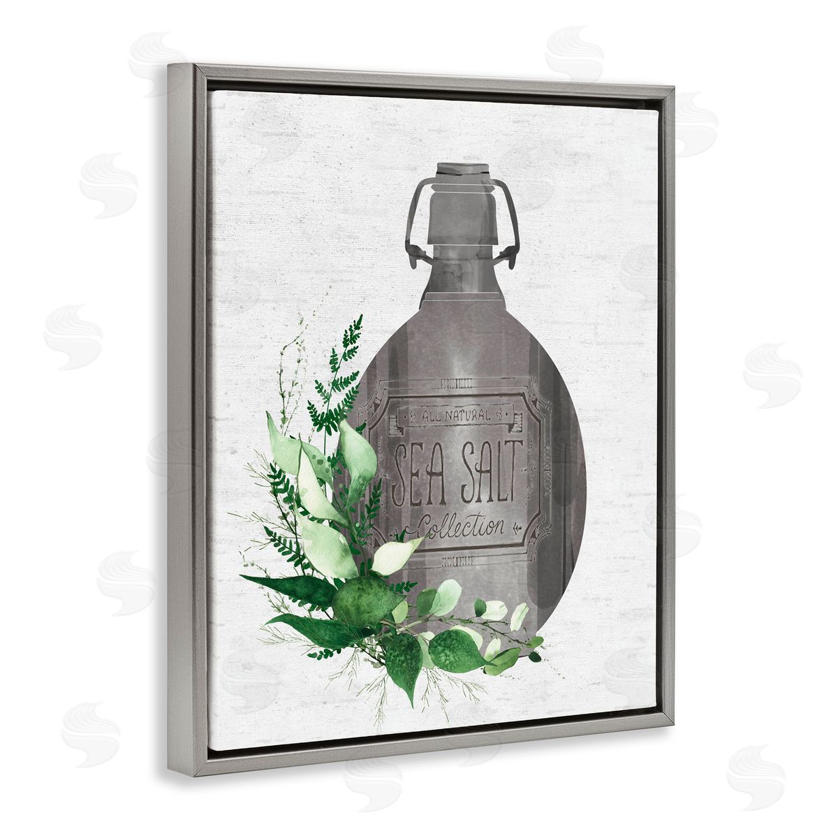 Lettered and Lined Vintage Bottle with Bathroom Herbs Gray Floating Frame Canvas Wall Art Print