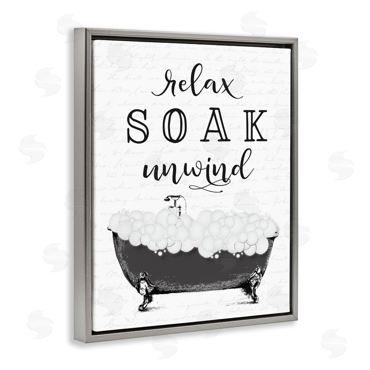 Lettered and Lined Soak Unwind Bubble Bath Gray Floating Frame Canvas Wall Art Print