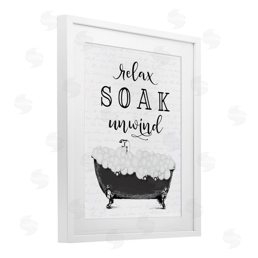 Lettered and Lined Soak Unwind Bubble Bath White Framed Print Under Glass Wall Art