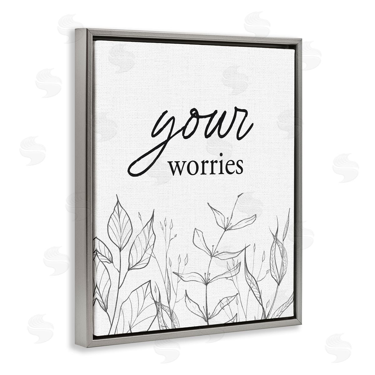 Lettered and Lined Your Worries Minimalist Leaves Gray Floating Frame Canvas Wall Art Print