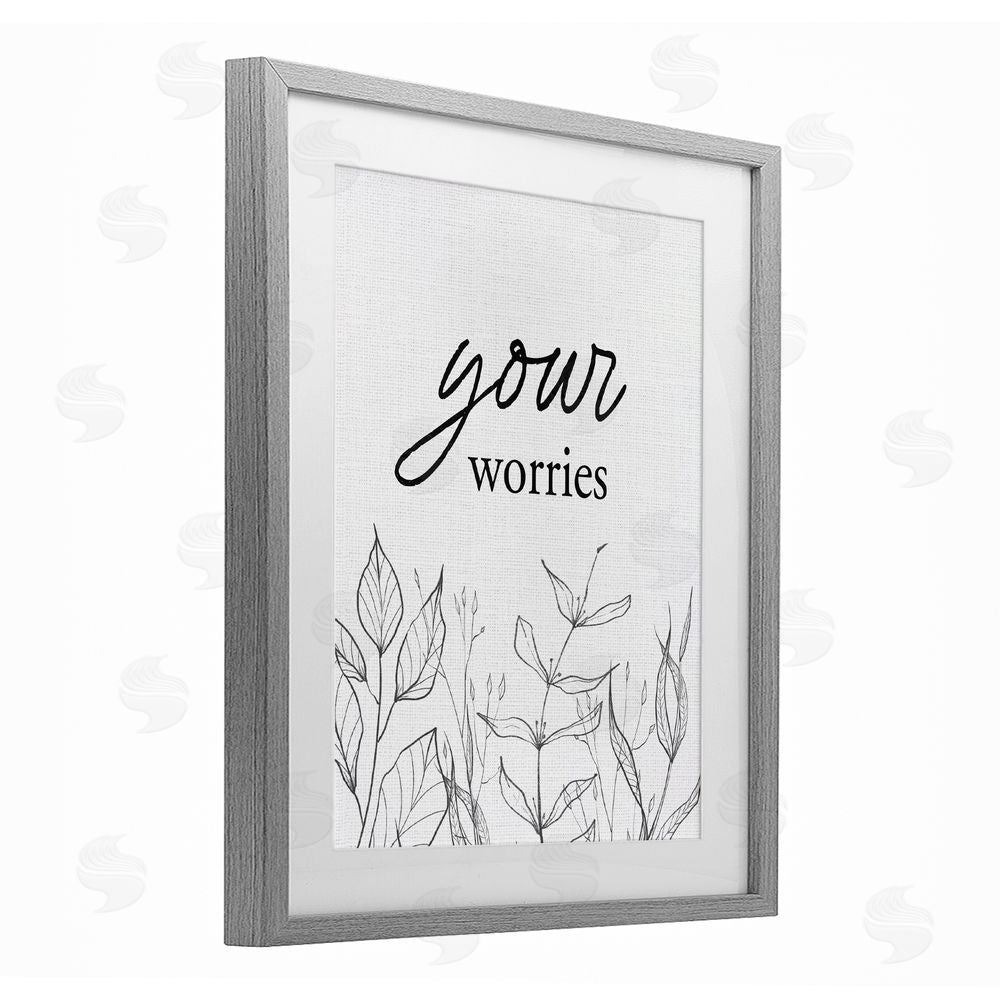 Lettered and Lined Your Worries Minimalist Leaves Gray Framed Print Under Glass Wall Art