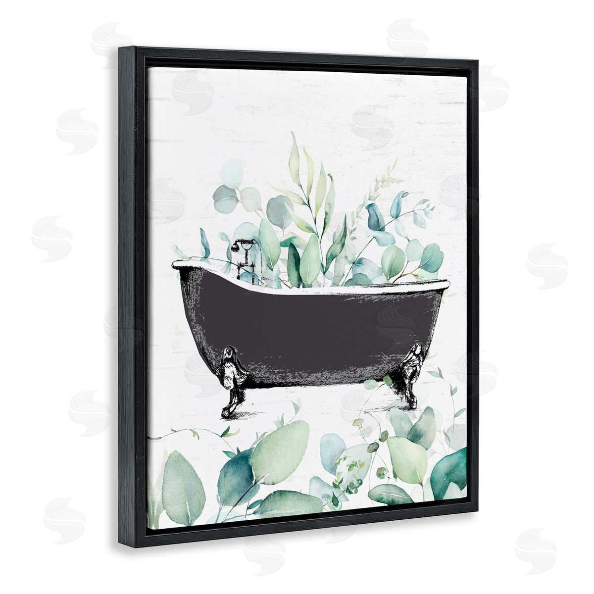 Lettered and Lined Eucalyptus Leaves Bathtub Black Floating Frame Canvas Wall Art Print