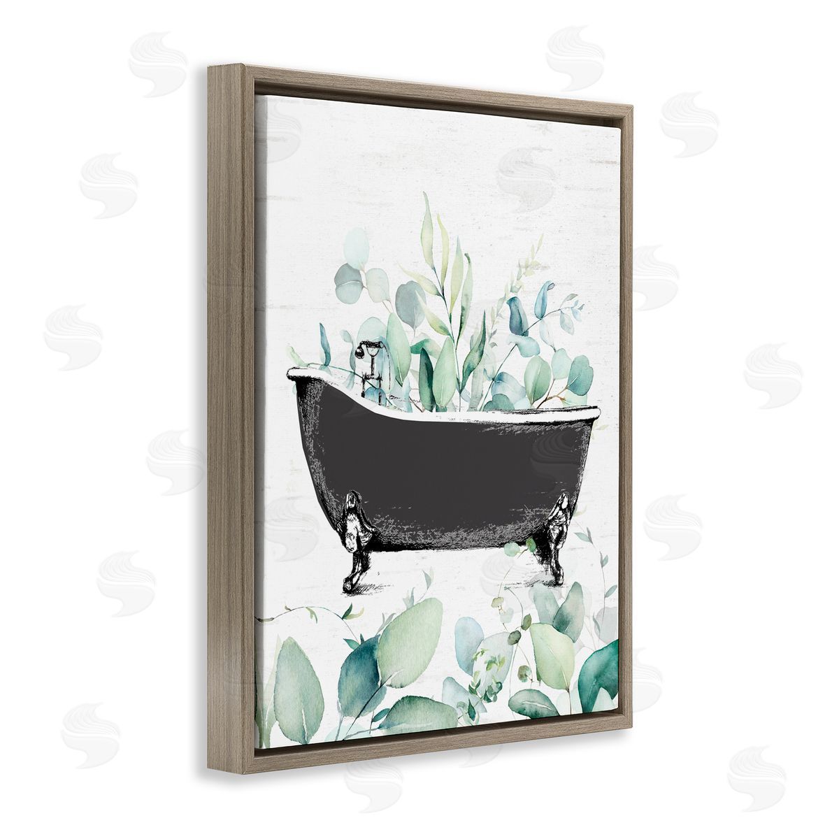 Lettered and Lined Eucalyptus Leaves Bathtub Brown Floating Frame Canvas Wall Art Print