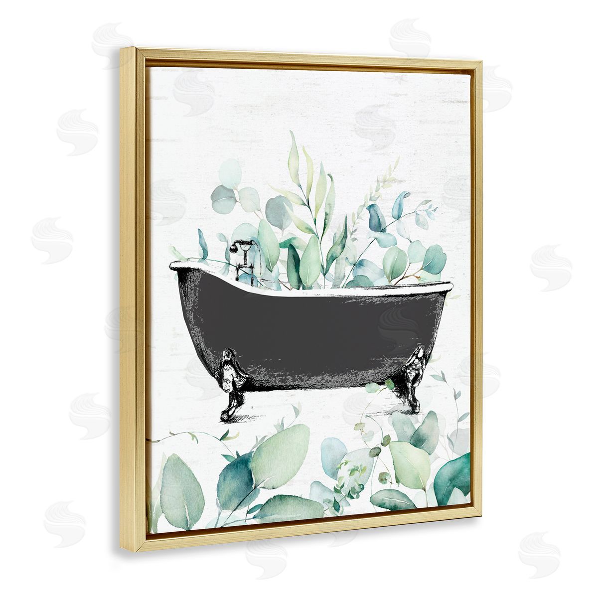 Lettered and Lined Eucalyptus Leaves Bathtub Gold Floating Frame Canvas Wall Art Print