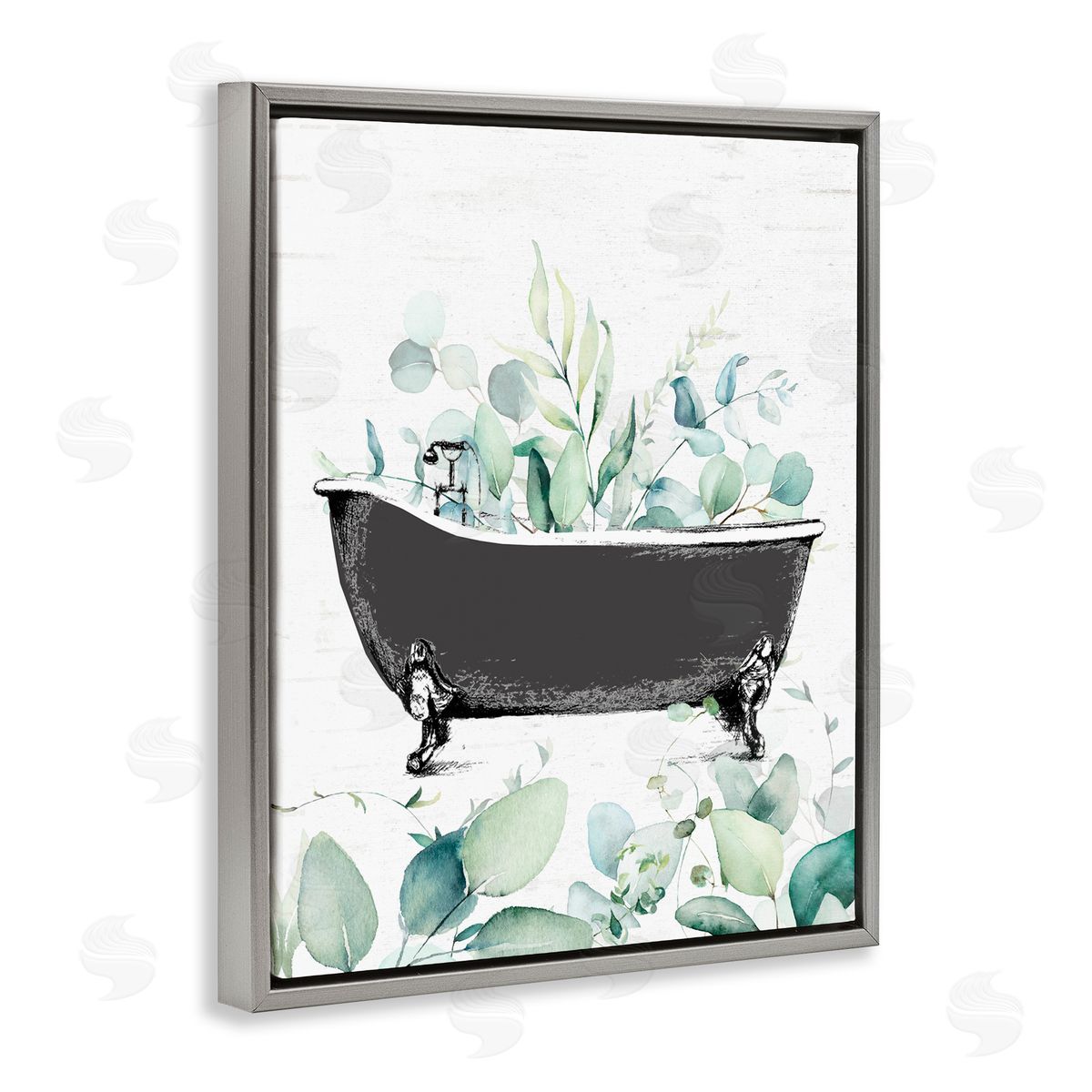Lettered and Lined Eucalyptus Leaves Bathtub Gray Floating Frame Canvas Wall Art Print
