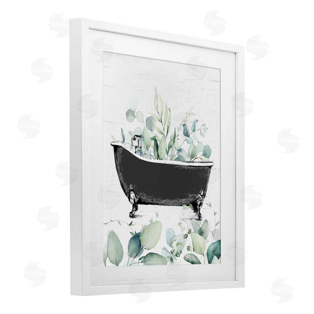 Lettered and Lined Eucalyptus Leaves Bathtub White Framed Print Under Glass Wall Art