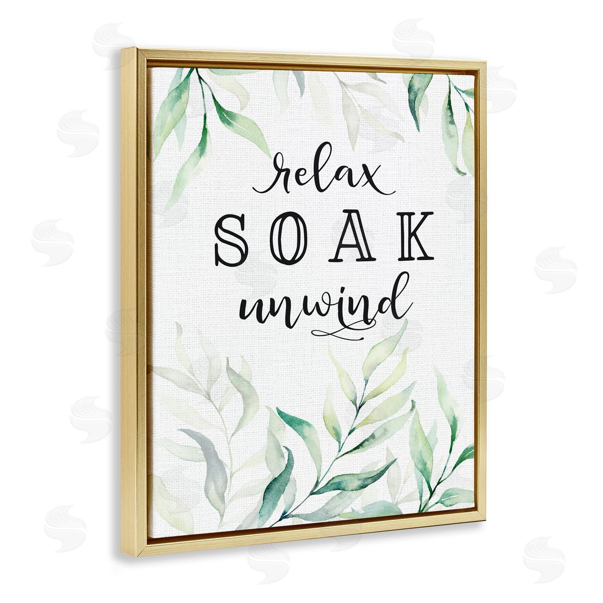 Lettered and Lined Soak & Unwind with Leaves Gold Floating Frame Canvas Wall Art Print
