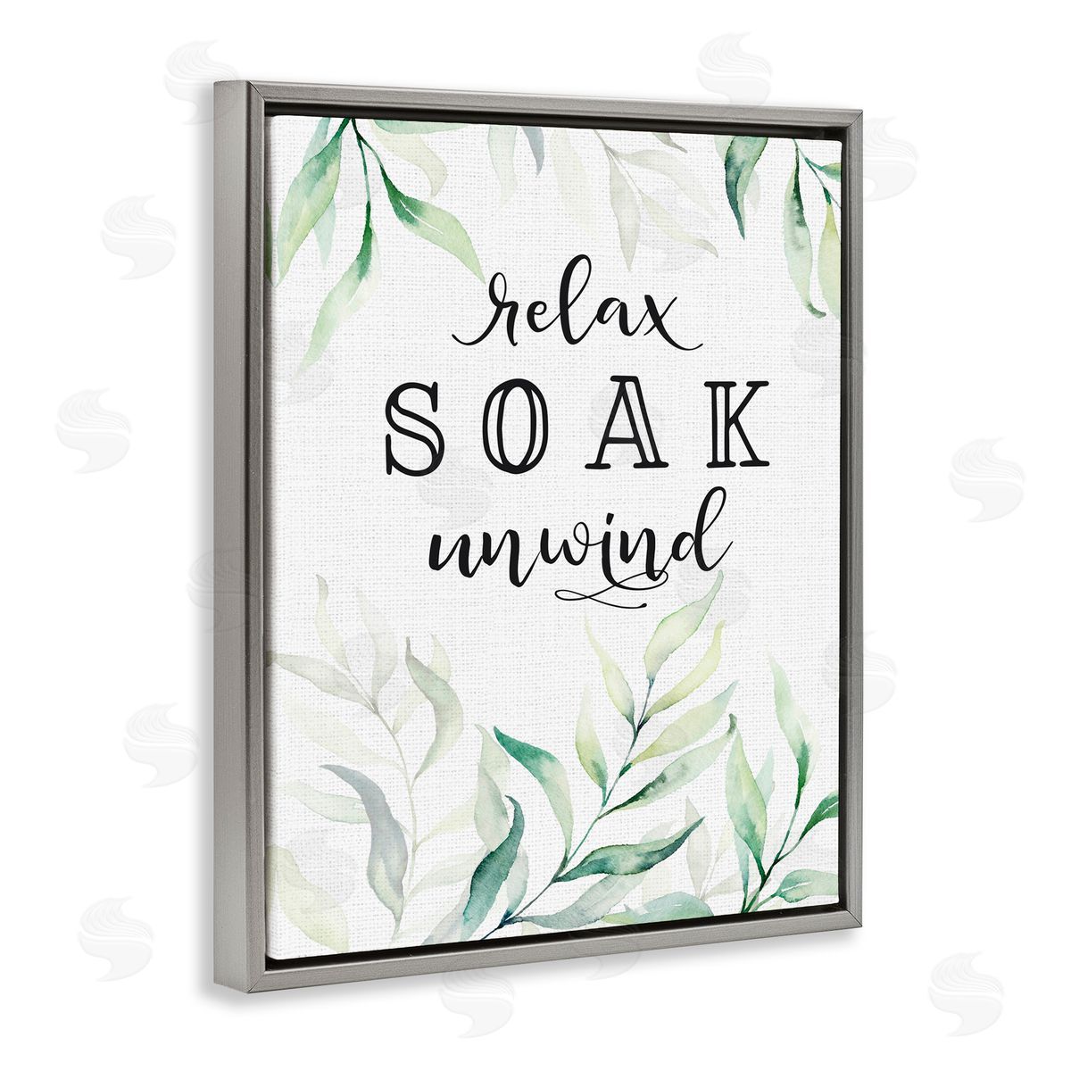 Lettered and Lined Soak & Unwind with Leaves Gray Floating Frame Canvas Wall Art Print