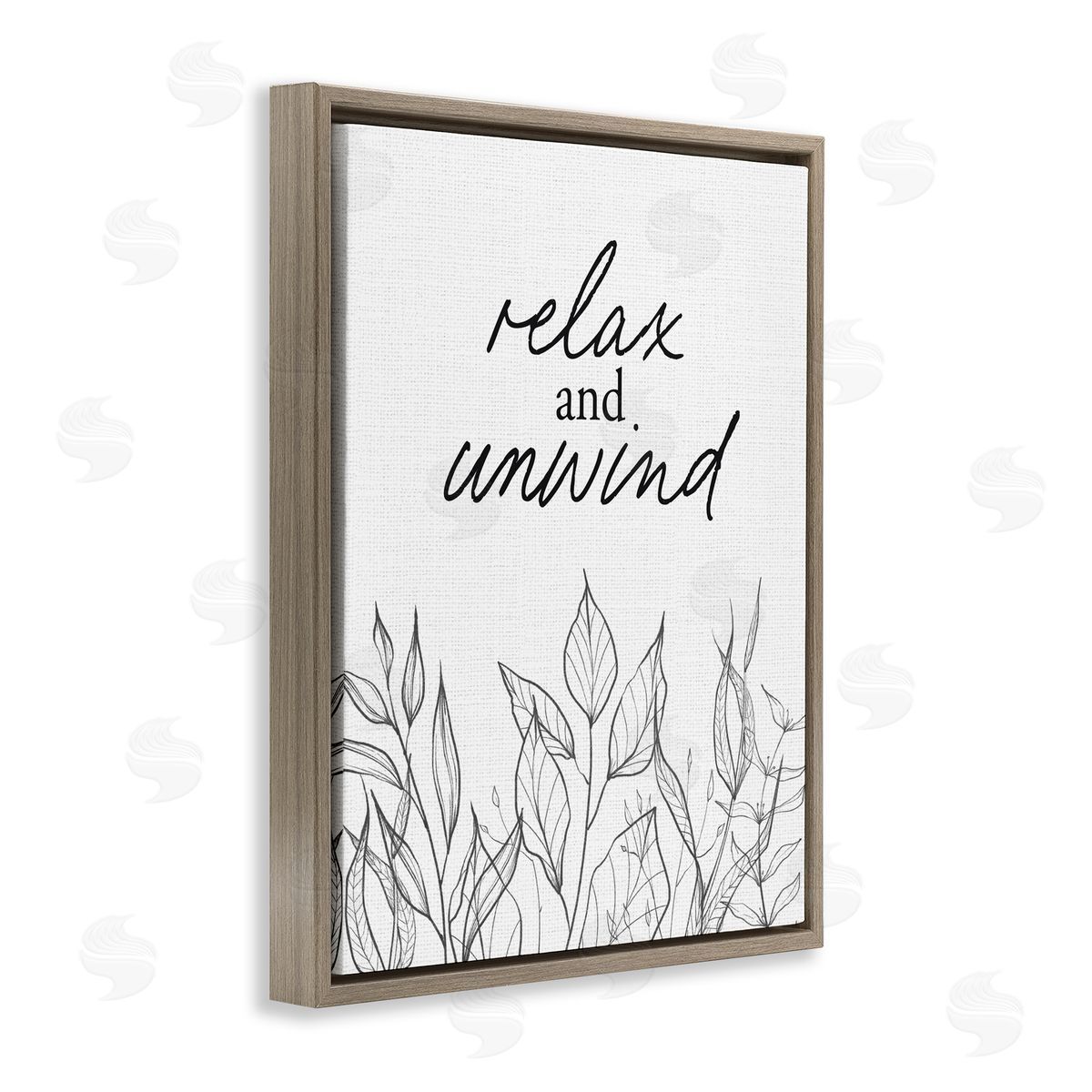 Lettered and Lined Relax Unwind Minimalist Leaves Brown Floating Frame Canvas Wall Art Print