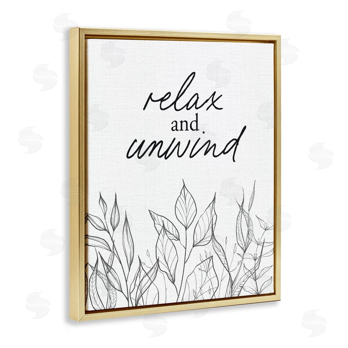 Lettered and Lined Relax Unwind Minimalist Leaves Gold Floating Frame Canvas Wall Art Print